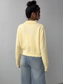 SHEIN BASICS 女款休閒純色長袖寬鬆短版開襟針織外套 秋季開學季校外穿搭 淡黃色 適合教師、辦公室、日常穿著 - 黃色 - 查看 9
