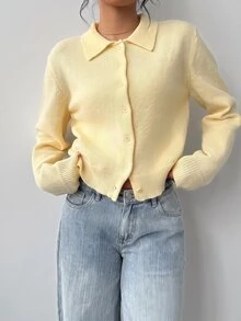 SHEIN BASICS 女款休閒純色長袖寬鬆短版開襟針織外套 秋季開學季校外穿搭 淡黃色 適合教師、辦公室、日常穿著 - 黃色 - 查看 4
