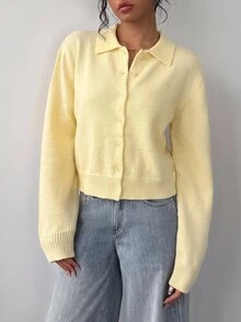SHEIN BASICS 女款休閒純色長袖寬鬆短版開襟針織外套 秋季開學季校外穿搭 淡黃色 適合教師、辦公室、日常穿著 - 黃色 - 查看 8