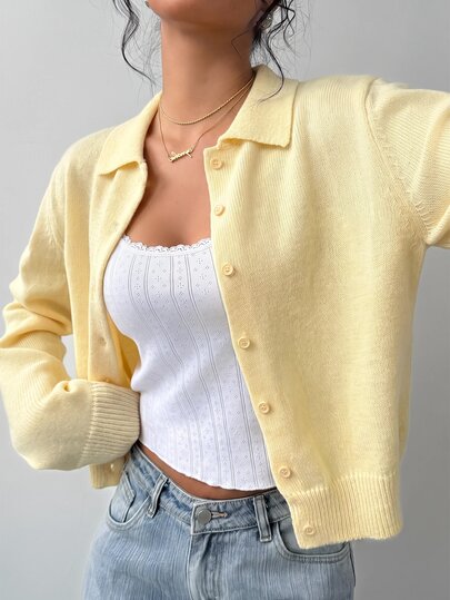 SHEIN BASICS Cardigan Feminino Casual de Manga Longa, Solto e Cropped, Cor Sólida, Casaco de Outono, Volta às Aulas, Fora do Campus, Amarelo Pálido, Professora, Escritório, Uso Diário