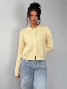 SHEIN BASICS 女款休閒純色長袖寬鬆短版開襟針織外套 秋季開學季校外穿搭 淡黃色 適合教師、辦公室、日常穿著 - 黃色 - 查看 7