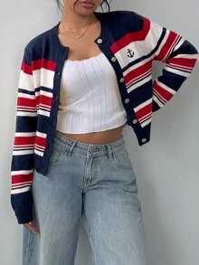 SHEIN BASICS 女款休閒優雅學院風沿海東岸針織開襟衫，秋冬服飾，海軍藍與白色針織開襟衫，適合旅行與校園 - 彩色 - 查看 3