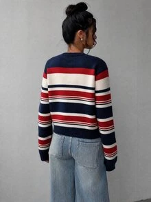 SHEIN BASICS 女款休閒優雅學院風沿海東岸針織開襟衫，秋冬服飾，海軍藍與白色針織開襟衫，適合旅行與校園 - 彩色 - 查看 6