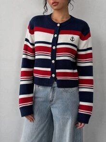 SHEIN BASICS 女款休閒優雅學院風沿海東岸針織開襟衫，秋冬服飾，海軍藍與白色針織開襟衫，適合旅行與校園 - 彩色 - 查看 5