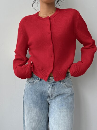 SHEIN BASICS 女款休閒法式基本款純色圓領長袖寬鬆短版開襟衫，秋季適合辦公室、早午餐、學校，深紅色