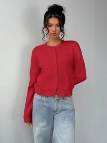 SHEIN BASICS Women Casual French Basic Solid Color Round Neck Long Sleeve Oversized Cropped Cardigan, Autumn For Women Office Brunch School Dark Red - Red - View 5