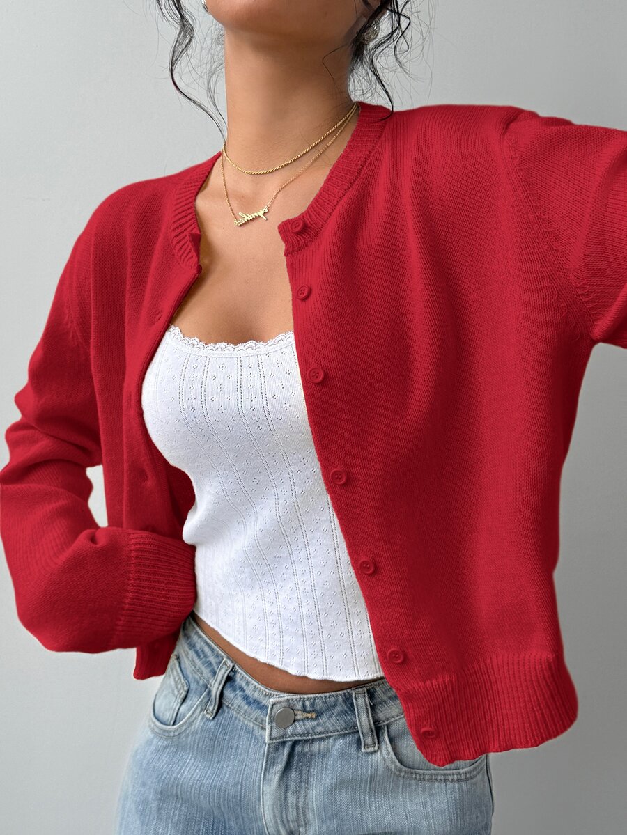 SHEIN BASICS Women Casual French Basic Solid Color Round Neck Long Sleeve Oversized Cropped Cardigan, Autumn For Women Office Brunch School Dark Red