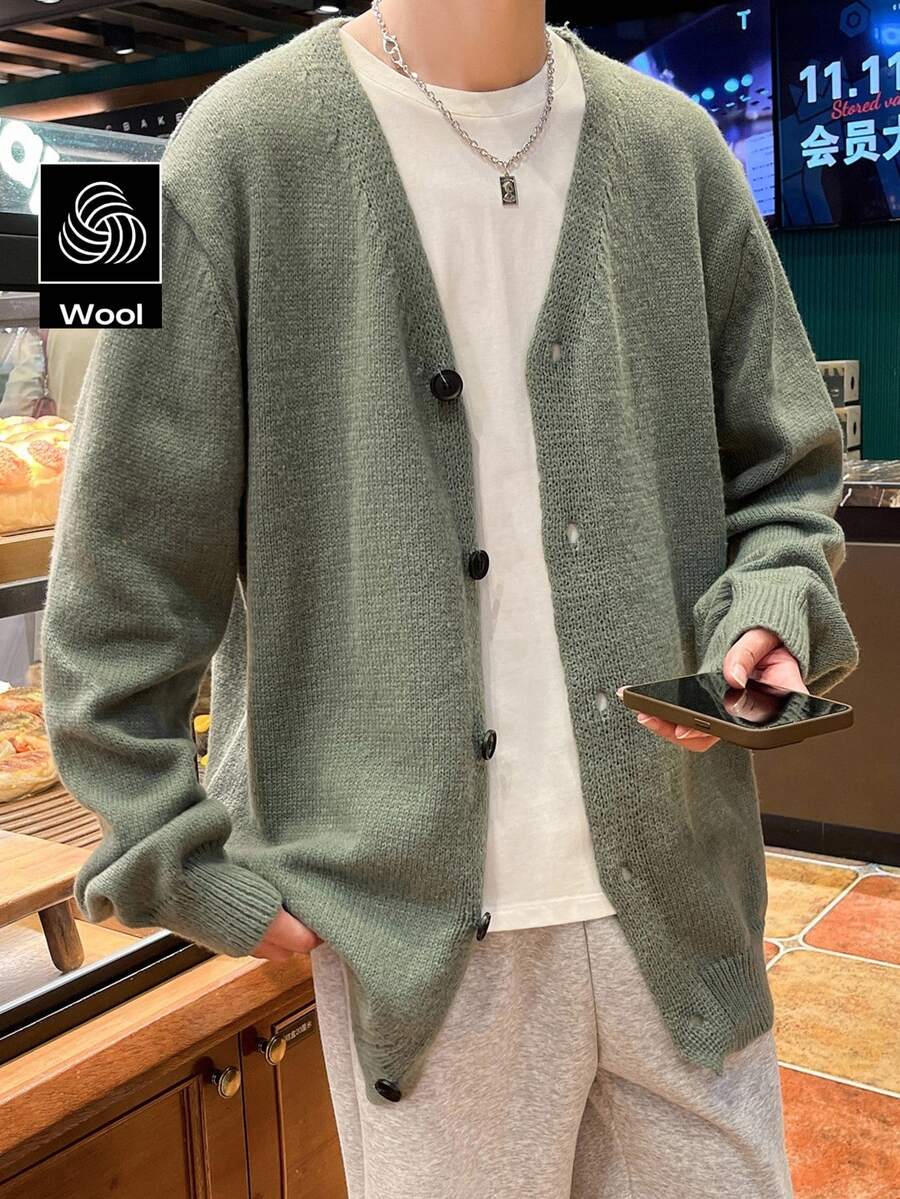 Claim Dot Men's Solid Color Casual Versatile Daily Wear Cardigan - Army Green - View 1