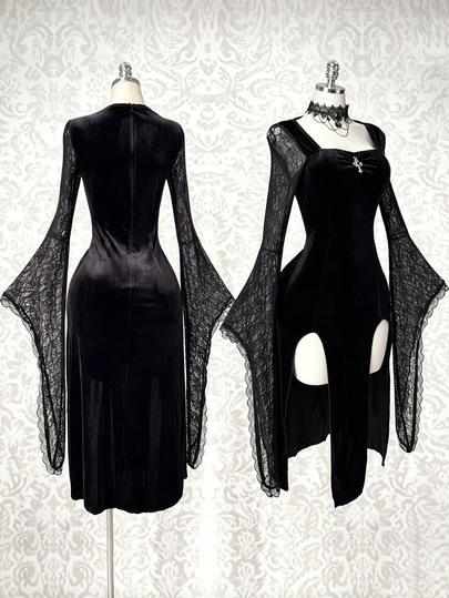 SaltGleam SaltGleam Women's Elegant Sexy Goth Lace Waist-Cinched Mid-Length Party Dinner Dress Halloween Black Autumn