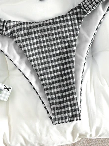 SHEIN Swim 紋理布料抓皺荷葉邊百褶前綁帶蝴蝶結抽繩腰部可愛甜美時尚活潑派對兩件式比基尼套裝 - 黑色 - 查看 3