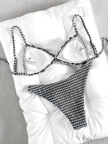 SHEIN Swim 紋理布料抓皺荷葉邊百褶前綁帶蝴蝶結抽繩腰部可愛甜美時尚活潑派對兩件式比基尼套裝 - 黑色 - 查看 5