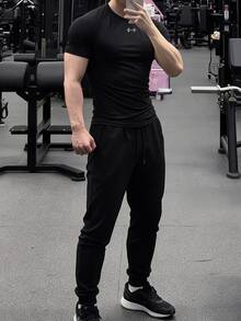 GymBeat Men's Dumbbell Print Round Neck Short Sleeve T-Shirt And Drawstring Pocket Sports Pants Set, Suitable For Fitness And Basketball, Gym - Black - View 1