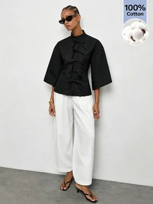 Maija Women's Elegant Commute Solid Color Tie-Front Blouse - Black - View 6