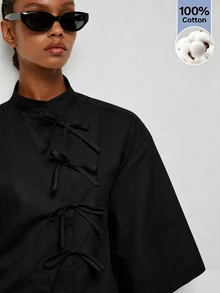 Maija Women's Elegant Commute Solid Color Tie-Front Blouse - Black - View 5