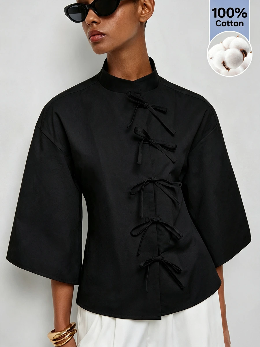 Maija Women's Elegant Commute Solid Color Tie-Front Blouse - Black - View 1
