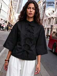 Maija Women's Elegant Commute Solid Color Tie-Front Blouse - Black - View 7