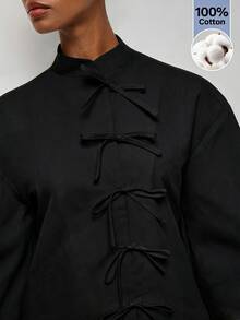 Maija Women's Elegant Commute Solid Color Tie-Front Blouse - Black - View 9