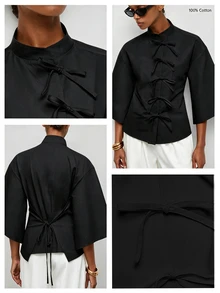 Maija Women's Elegant Commute Solid Color Tie-Front Blouse - Black - View 4