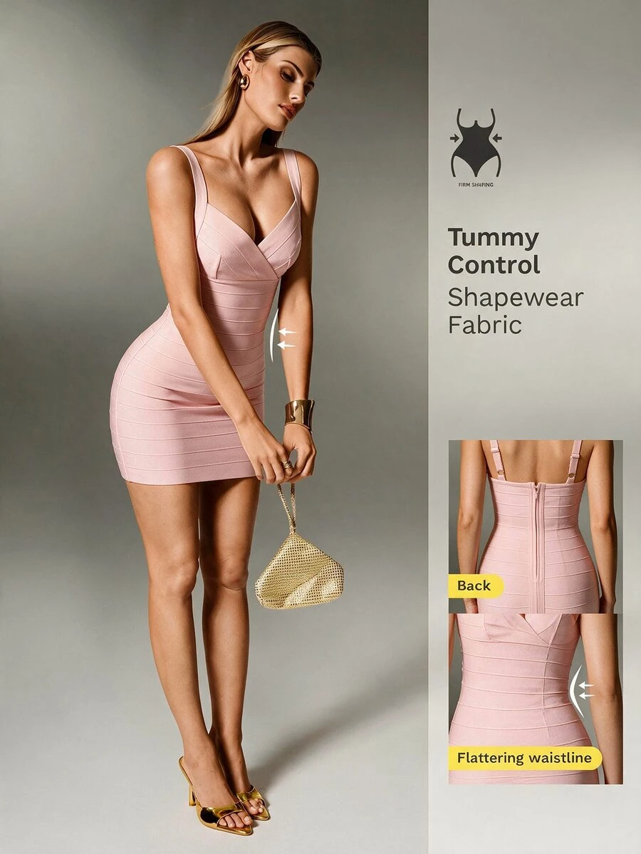 Nuvra Women's Vacation Minimalist Ribbed Knit Pink Backless Adjustable Thick Strap Bodycon High Elasticity Regular Bandage Dress - Pink - View 1