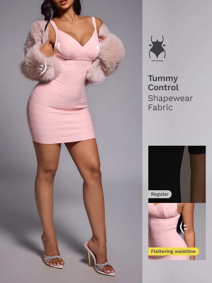 Nuvra Women's Vacation Minimalist Ribbed Knit Pink Backless Adjustable Thick Strap Bodycon High Elasticity Regular Bandage Dress - Pink - View 1