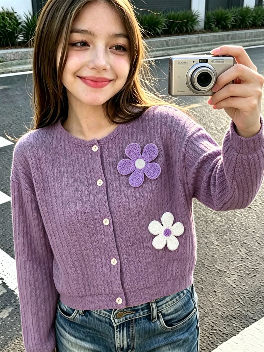 女童(大童)軟綿紋理粗針編織可愛優雅甜美公主風時尚百搭開襟外套,適合春夏秋日常穿著 - 紫色 - 查看 1