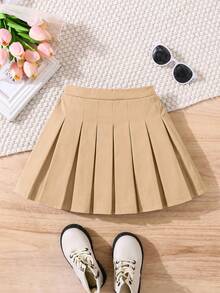 PrepCrw Young Girl Young Girl Woven Solid Color Pleated Fitted Casual Skirt - Apricot - View 2