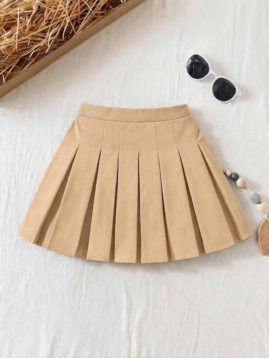 PrepCrw Young Girl Young Girl Woven Solid Color Pleated Fitted Casual Skirt - Apricot - View 1