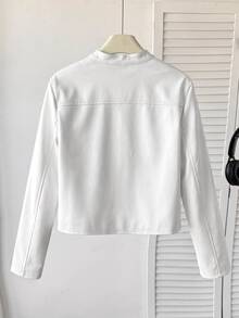 SHEIN Tween Girl Casual Street Kids Style Lapel PU Short Jacket With Front Zipper, Black Faux Leather Short Jacket, Suitable For Autumn/Winter For Girls - White - View 2