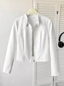 SHEIN Tween Girl Casual Street Kids Style Lapel PU Short Jacket With Front Zipper, Black Faux Leather Short Jacket, Suitable For Autumn/Winter For Girls - White - View 3