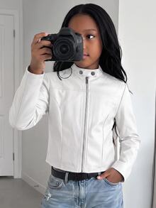 SHEIN Tween Girl Casual Street Kids Style Lapel PU Short Jacket With Front Zipper, Black Faux Leather Short Jacket, Suitable For Autumn/Winter For Girls - White - View 8
