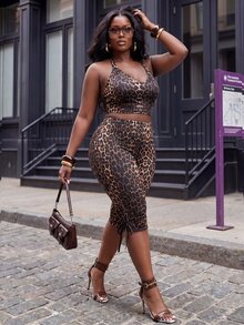 Slaydiva Set 2 Potong Atasan Camisole Tanpa Punggung Motif Leopard Seksi Elegan dan Pas Badan - Biru - View 10