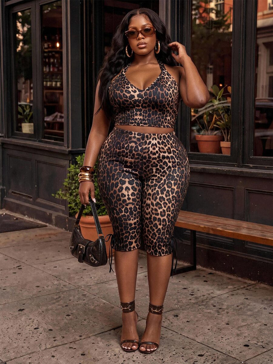 Slaydiva Set 2 Potong Atasan Camisole Tanpa Punggung Motif Leopard Seksi Elegan dan Pas Badan