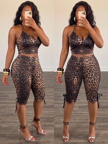 Slaydiva Set 2 Potong Atasan Camisole Tanpa Punggung Motif Leopard Seksi Elegan dan Pas Badan - Biru - View 9