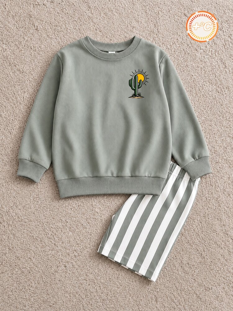 Young Boys Grey Green Sweatshirt, Crew Neck With Cactus Print On Chest, Vintage Truck Desert Print On Back, Ribbed Cuffs, Soft And Comfortable Fabric, Loose Fit, Retro Western Style - Multicolor - View 3