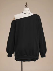 ROMWE Street Life Halloween Church Pattern Asymmetrical Shoulder Plus Size Sweatshirt - Black - View 6