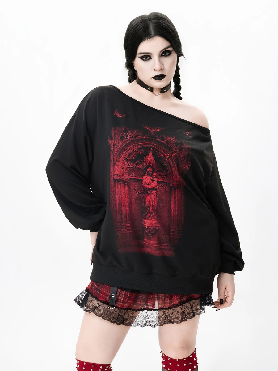 ROMWE Street Life Halloween Church Pattern Asymmetrical Shoulder Plus Size Sweatshirt - Black - View 1