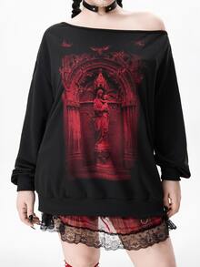 ROMWE Street Life Halloween Church Pattern Asymmetrical Shoulder Plus Size Sweatshirt - Black - View 3