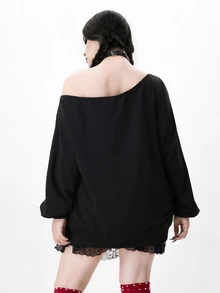ROMWE Street Life Halloween Church Pattern Asymmetrical Shoulder Plus Size Sweatshirt - Black - View 2