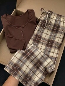 Solflare Plus Size Solid Color Top & Plaid Pants Set - Multicolor - View 8