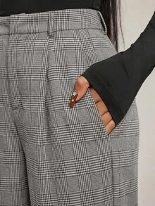 Radiana 大尺碼女款極簡優雅灰色千鳥格寬鬆寬腿高腰西裝長褲，休閒教師節辦公室早午餐秋季穿搭 - 深灰色 - 查看 3