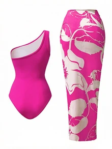 Swim Oasis 2pcs/Set Women One-Piece Solid Color Ruched Monokini With Printed Sarong - Hot Pink - View 2