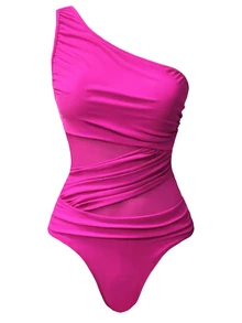 Swim Oasis 2pcs/Set Women One-Piece Solid Color Ruched Monokini With Printed Sarong - Hot Pink - View 3