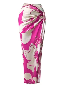 Swim Oasis 2pcs/Set Women One-Piece Solid Color Ruched Monokini With Printed Sarong - Hot Pink - View 4