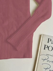 Franclia Lapisan Dasar Rajut Lengan Panjang Slim Fit Berkerah Tinggi Tebal Berbahan Fleece untuk Semua Mode Musim Gugur/Dingin Eropa & Amerika - Dusty Pink - View 5