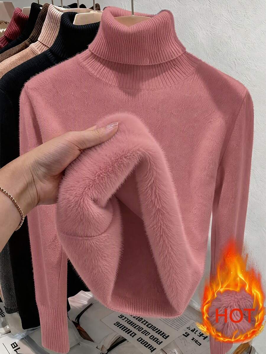 Franclia Lapisan Dasar Rajut Lengan Panjang Slim Fit Berkerah Tinggi Tebal Berbahan Fleece untuk Semua Mode Musim Gugur/Dingin Eropa & Amerika