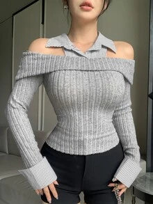 DAZY Fall Grey Ribbed Knit Cold Shoulder 2 In 1 Shirt Collar Slim Fit Flattering Sweet French Elegant Cool Casual Dating Everyday Daytime Women's T-Shirt - Grey - View 7