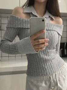 DAZY Fall Grey Ribbed Knit Cold Shoulder 2 In 1 Shirt Collar Slim Fit Flattering Sweet French Elegant Cool Casual Dating Everyday Daytime Women's T-Shirt - Grey - View 11