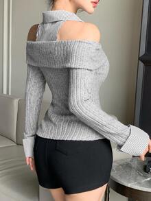 DAZY Fall Grey Ribbed Knit Cold Shoulder 2 In 1 Shirt Collar Slim Fit Flattering Sweet French Elegant Cool Casual Dating Everyday Daytime Women's T-Shirt - Grey - View 8