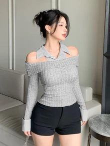 DAZY Fall Grey Ribbed Knit Cold Shoulder 2 In 1 Shirt Collar Slim Fit Flattering Sweet French Elegant Cool Casual Dating Everyday Daytime Women's T-Shirt - Grey - View 5