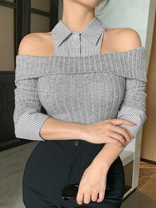 DAZY Fall Grey Ribbed Knit Cold Shoulder 2 In 1 Shirt Collar Slim Fit Flattering Sweet French Elegant Cool Casual Dating Everyday Daytime Women's T-Shirt - Grey - View 6